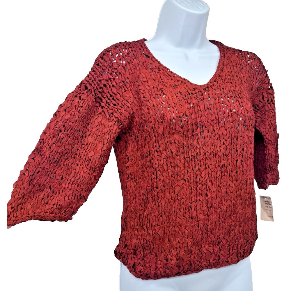Gregge Sport VTG Ribbon Sweater Knitted V-Neck Open Knit Fall burnt red orange M